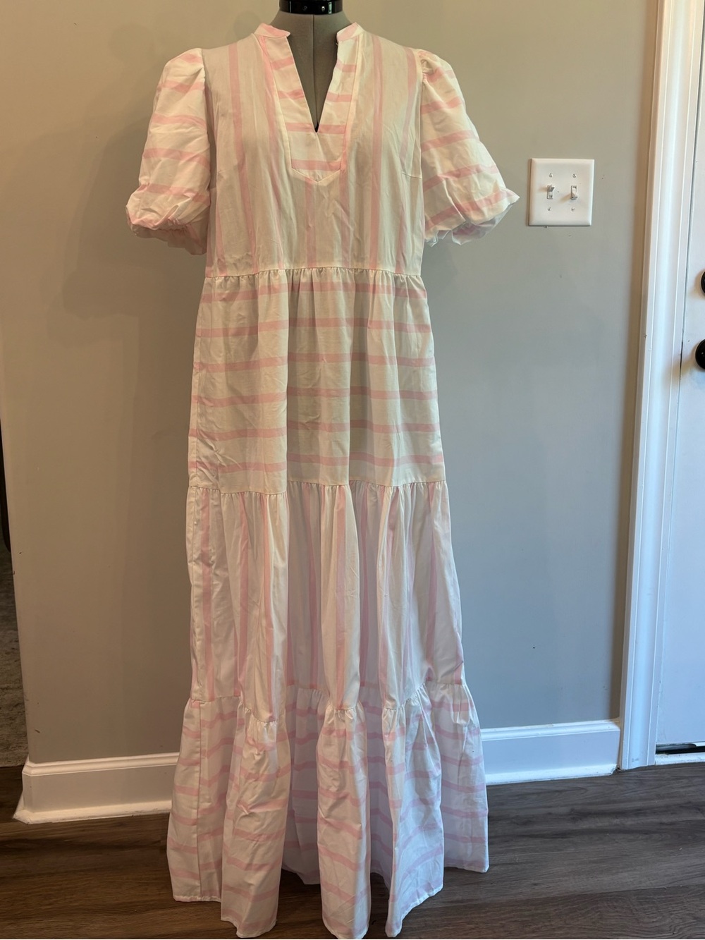 NWT Crown & Ivy Pink White Plaid Tiered Maxi Dress Puff Sleeve Cottagecore 0200